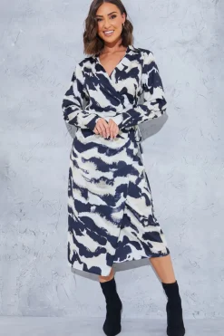 Monochrome Abstract Print Wrap Collared Midi Dress