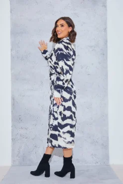Monochrome Abstract Print Wrap Collared Midi Dress