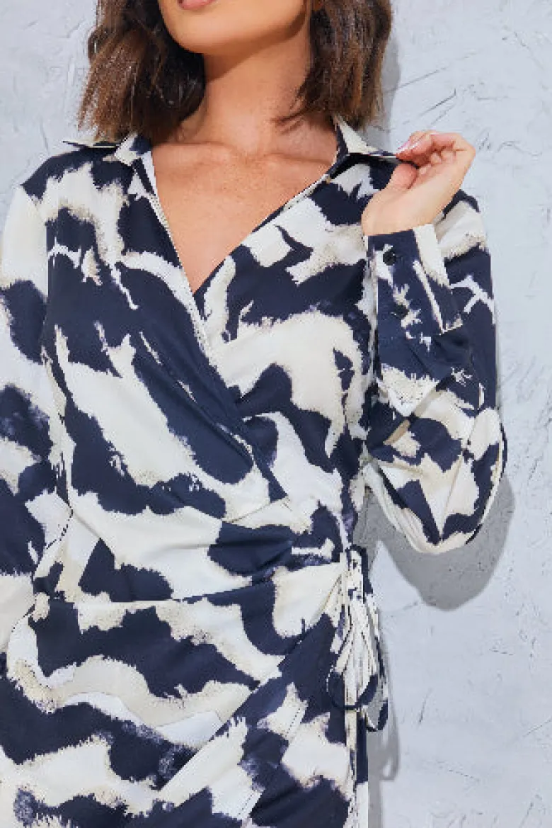 Monochrome Abstract Print Wrap Collared Midi Dress