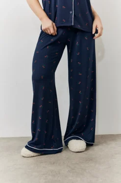 Navy Cherry Print Shirt and Trouser PJ Set