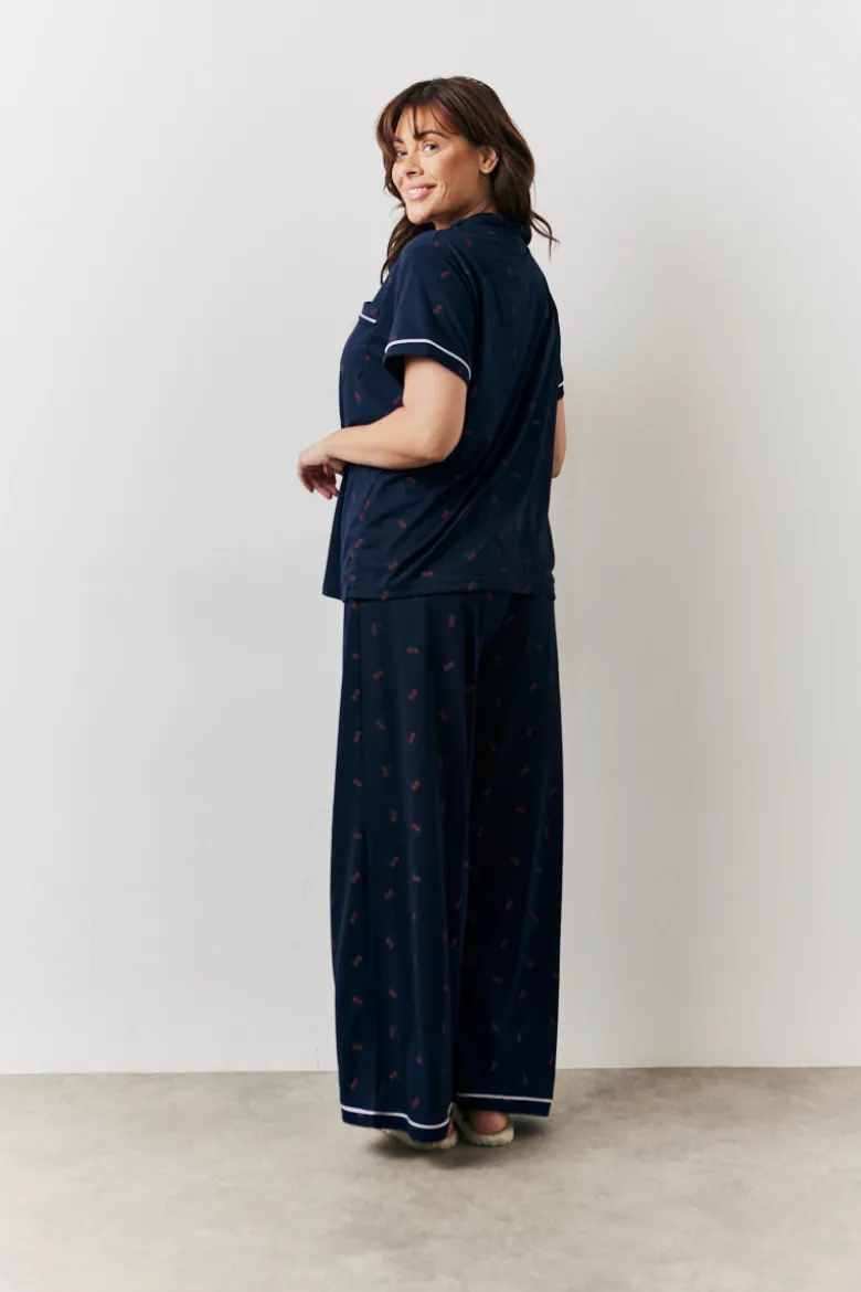 Navy Cherry Print Shirt and Trouser PJ Set
