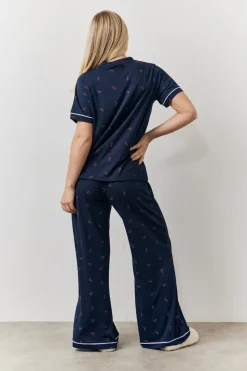 Navy Cherry Print Shirt and Trouser PJ Set