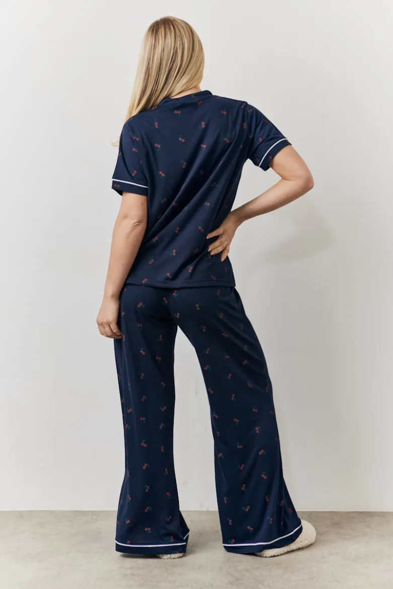 Navy Cherry Print Shirt and Trouser PJ Set