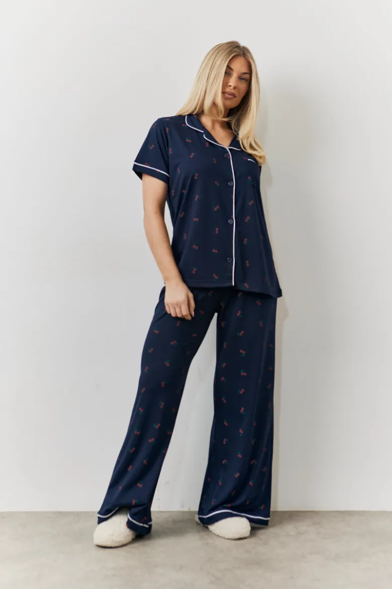 Navy Cherry Print Shirt and Trouser PJ Set
