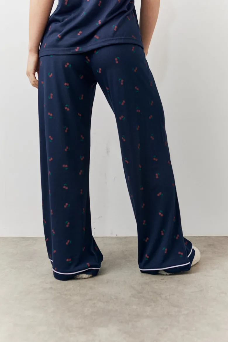 Navy Cherry Print Shirt and Trouser PJ Set