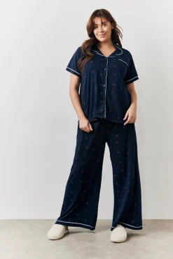 Navy Cherry Print Shirt and Trouser PJ Set