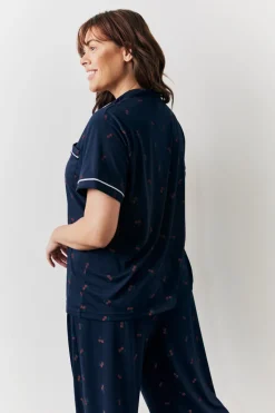 Navy Cherry Print Shirt and Trouser PJ Set