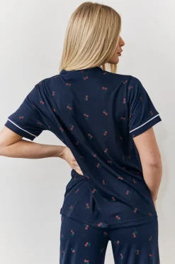 Navy Cherry Print Shirt and Trouser PJ Set