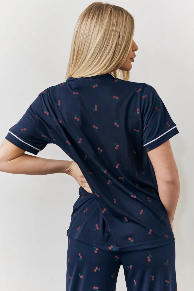 Navy Cherry Print Shirt and Trouser PJ Set