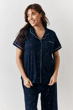 Navy Cherry Print Shirt and Trouser PJ Set
