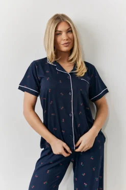 Navy Cherry Print Shirt and Trouser PJ Set