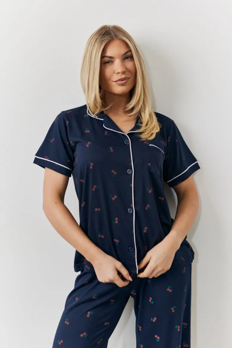 Navy Cherry Print Shirt and Trouser PJ Set