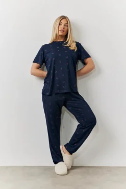 Navy Cherry Print T Shirt and Cuff Jogger Pj Set