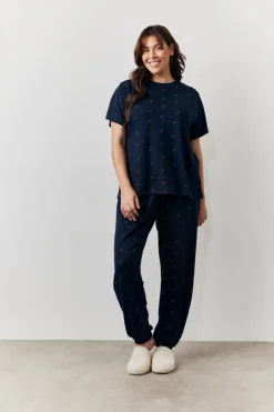 Navy Cherry Print T Shirt and Cuff Jogger Pj Set