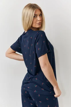 Navy Cherry Print T Shirt and Cuff Jogger Pj Set