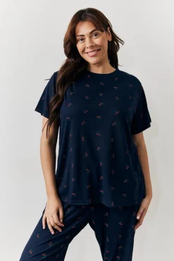 Navy Cherry Print T Shirt and Cuff Jogger Pj Set