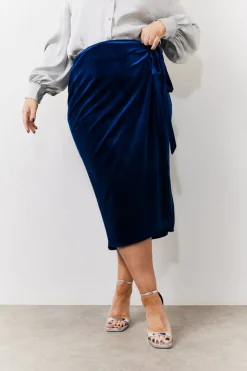 Navy Velvet Wrap Midi Skirt