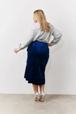 Navy Velvet Wrap Midi Skirt