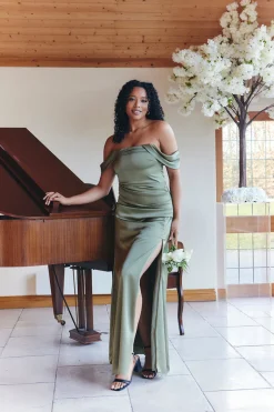 Olive Satin Bardot Ruched Maxi Dress