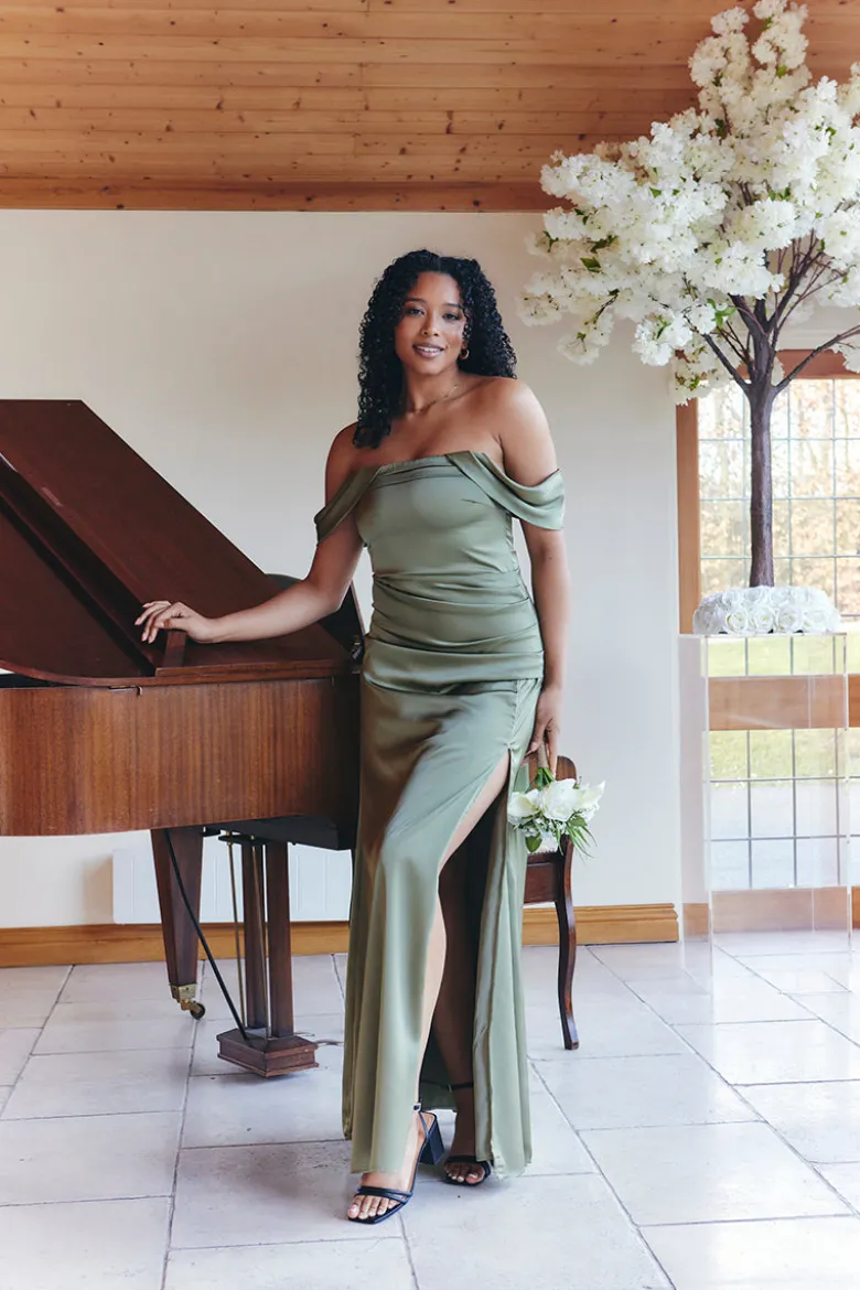 Olive Satin Bardot Ruched Maxi Dress