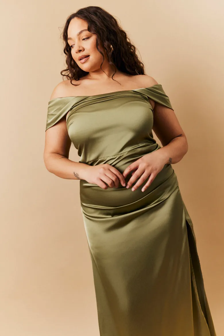Olive Satin Bardot Ruched Maxi Dress
