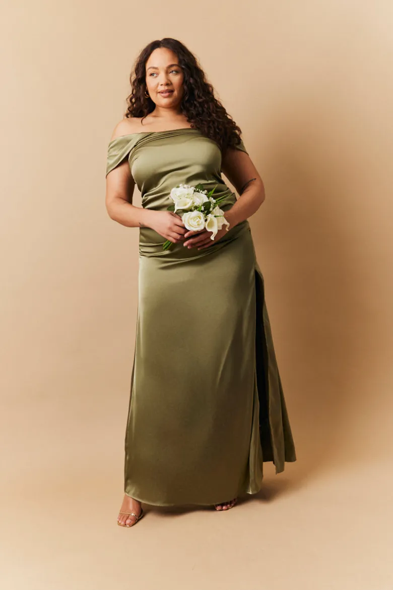Olive Satin Bardot Ruched Maxi Dress