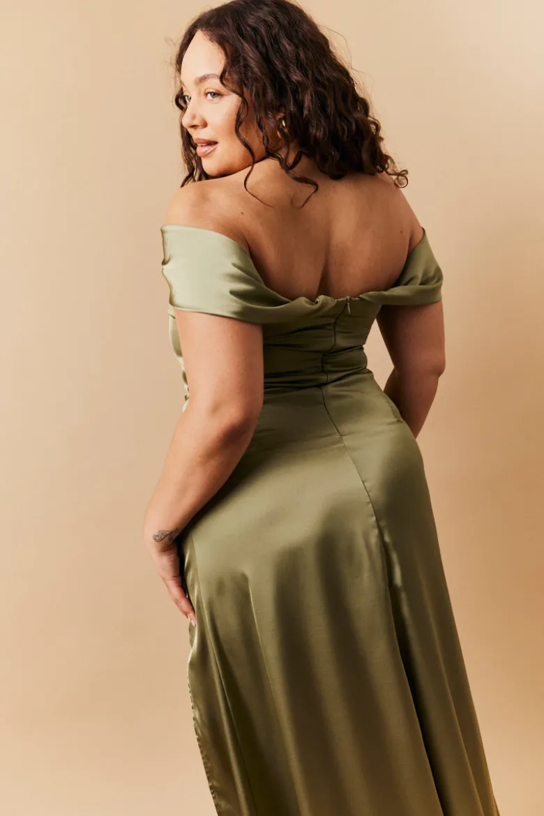 Olive Satin Bardot Ruched Maxi Dress