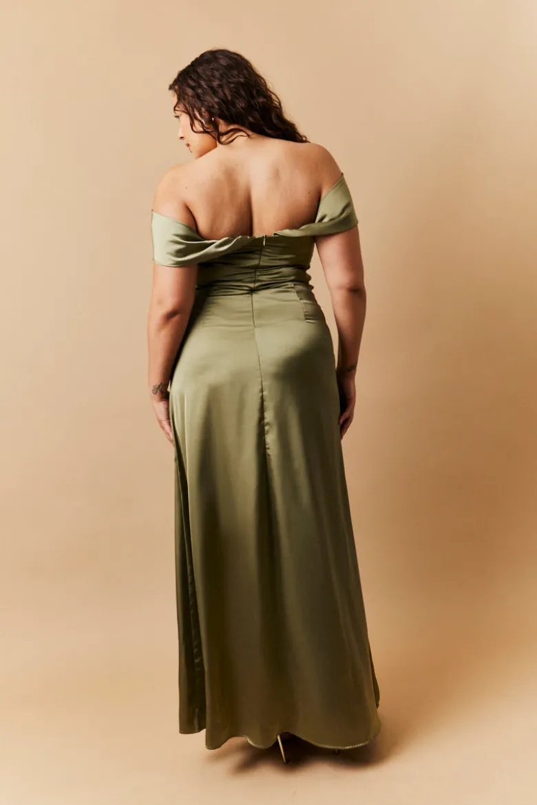 Olive Satin Bardot Ruched Maxi Dress