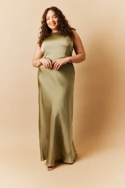Olive Satin Cowl Back Maxi Dress