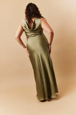 Olive Satin Cowl Back Maxi Dress
