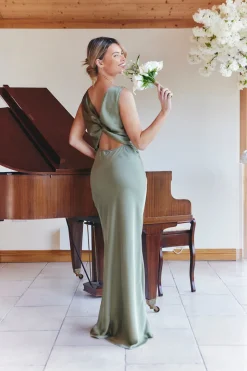 Olive Satin Twist Back Maxi Dress