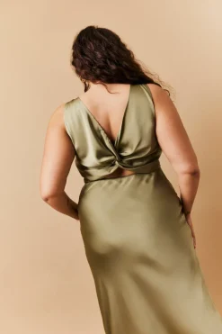 Olive Satin Twist Back Maxi Dress