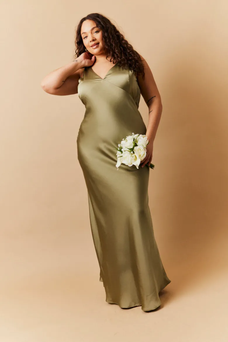 Olive Satin Twist Back Maxi Dress