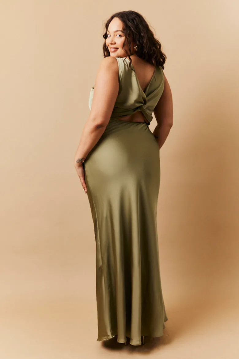 Olive Satin Twist Back Maxi Dress