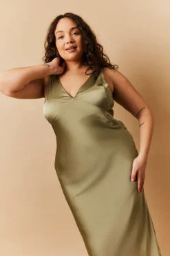 Olive Satin Twist Back Maxi Dress