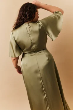Olive Satin Wrap Tie Angel Sleeve Maxi Dress