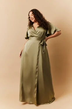 Olive Satin Wrap Tie Angel Sleeve Maxi Dress