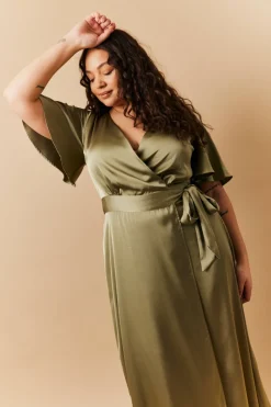Olive Satin Wrap Tie Angel Sleeve Maxi Dress