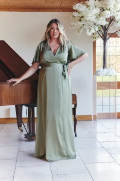 Olive Satin Wrap Tie Angel Sleeve Maxi Dress