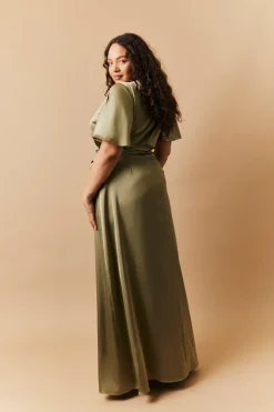 Olive Satin Wrap Tie Angel Sleeve Maxi Dress