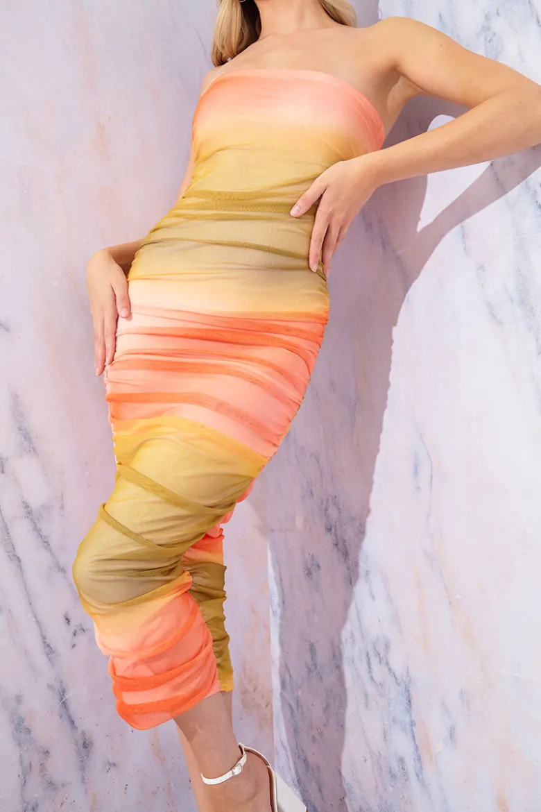 Ombre Mesh Bandeau Midi Dress