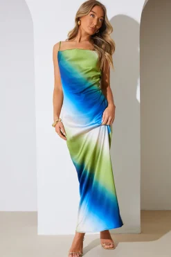 Ombre Satin Cowl Neck Maxi Dress
