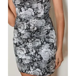 One Shoulder Floral Print Jacquard Mini Dress in Silver