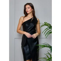 One Shoulder PU Cut Out Mini Dress in Black