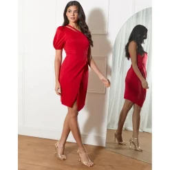 One Shoulder Puff Sleeve Bodycon Mini Dress in Red