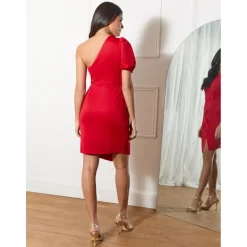 One Shoulder Puff Sleeve Bodycon Mini Dress in Red