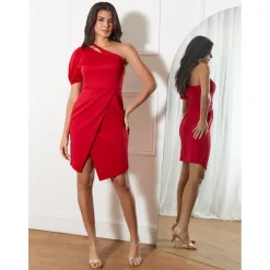 One Shoulder Puff Sleeve Bodycon Mini Dress in Red