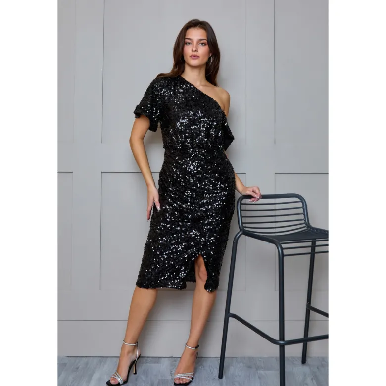 One Shoulder Ruched Sequin Midi Dress in Black