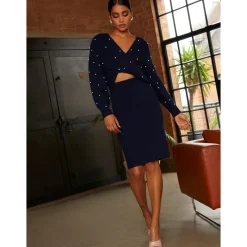 Pearl Detail Twist Front Knitted Midi Dress in Navy