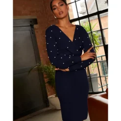 Pearl Detail Twist Front Knitted Midi Dress in Navy